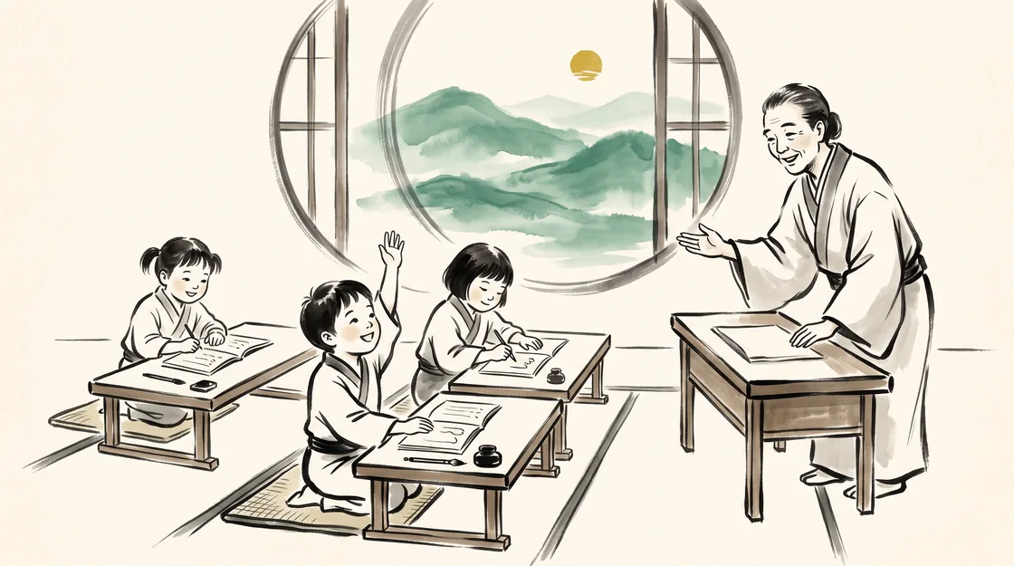 Illustration of a teacher guiding three young students at their desks